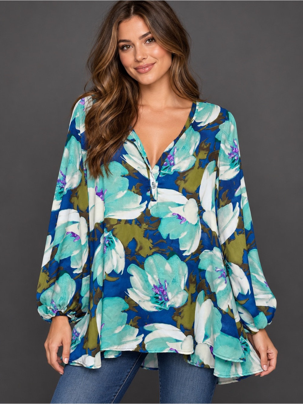 Show Me Your Mumu Jamie Tunic Floral Blue Aqua Boho Blouse Small
